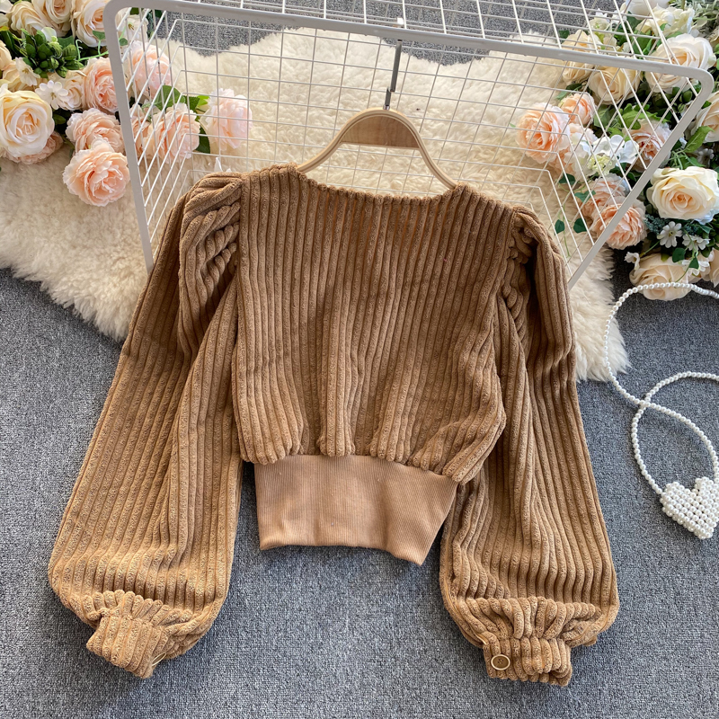 Autumn Winter Women Corduroy Blouse Vintage Round Neck Single Breasted Long Puff Sleeve Short Shirt Female Fashion Tops New 210225