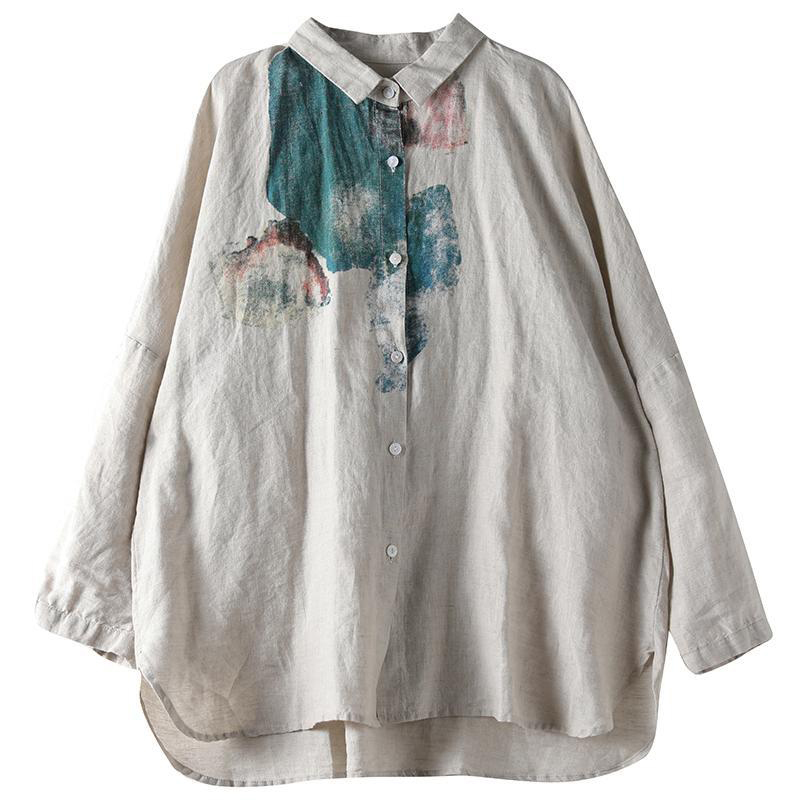New Arrival Autumn Women Long Sleeve Loose Shirts Plus Size Arts Vintage Print Cotton Linen Casual Blouse Ladies Tops D405 210225