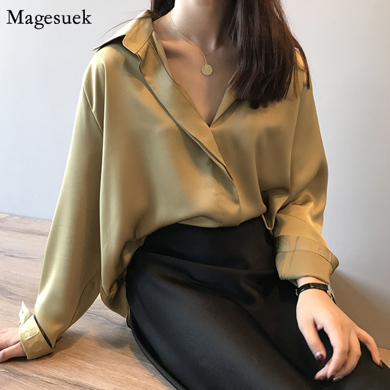 Spring Autumn Solid Blouse Women New Casual Silk Satin Women Blouses Vintage V Neck Office Lady Long Sleeve Shirt Tops 5273 210225