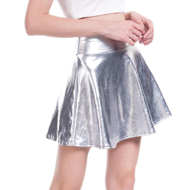 Women's Metallic Skirt Shiny Party Flared Pleated Mini Dress Skater Skirts Stage Wear Above Knee S-XXL Gold Silver Green Pink