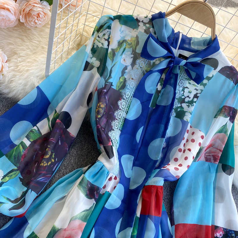 DEAT Spring Arrivals Print Round Collar High Waist Puff Sleeve Spliced Slim A-line Office Lady Chiffon Dress MZ473 210709