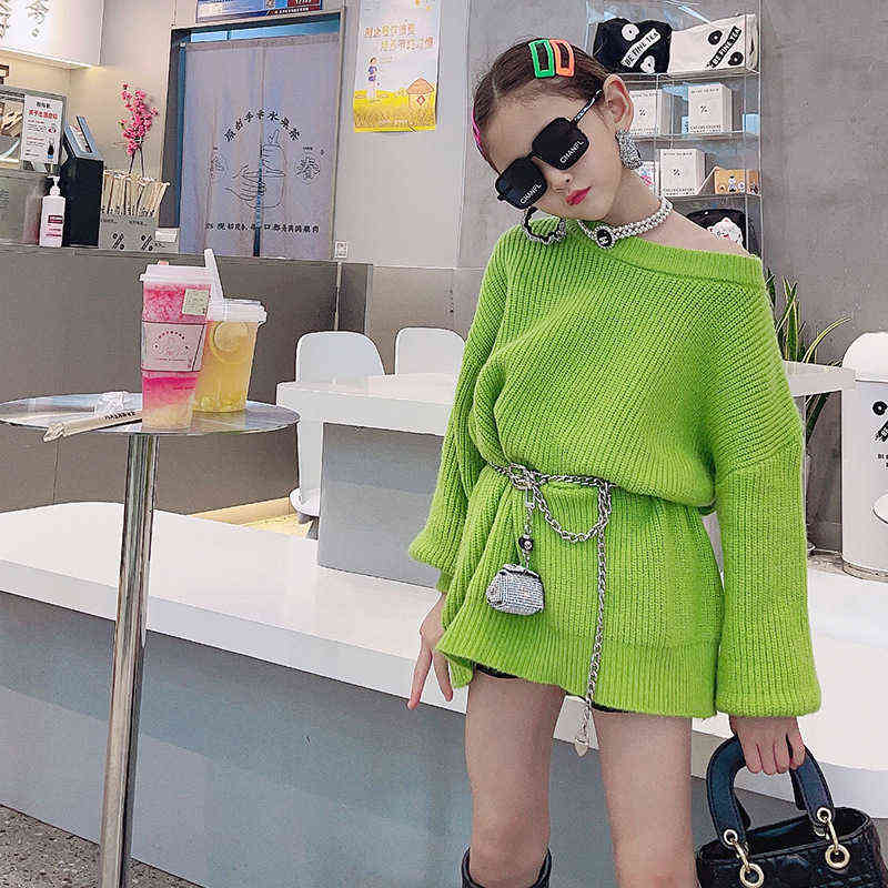Girls Knitted Sweater Autumn Winter Coat for Candy Color Pullover Loose Fashion Kids Tops 12 13 14 Years Clothes 211104