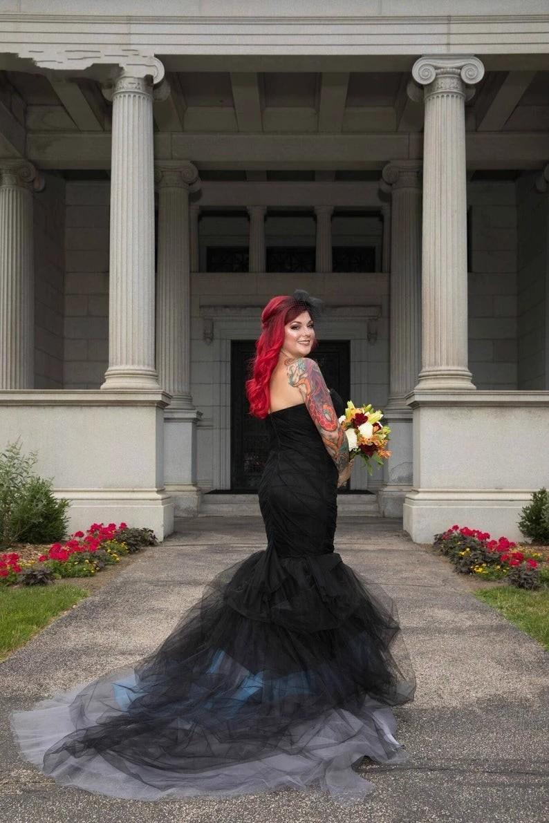 Black Gothic Dresses Mermaid Blue White Tulle Satin Sweep Train Corset Back Custom Made Plus Size Wedding Gown Vestido De Novia