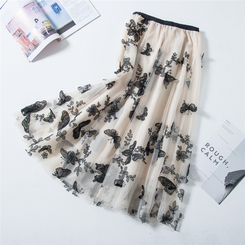 High quality Embroidery skirts womens Summer autumn vintage Ol elegant retro midi skirts women Butterfly Mesh Long Skirt 210306