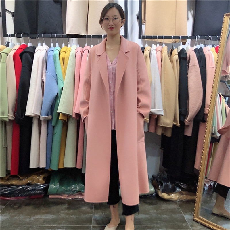 Water ripple autumn winter new high-end double-sided cashmere mid-length wool white red coat women 210218
