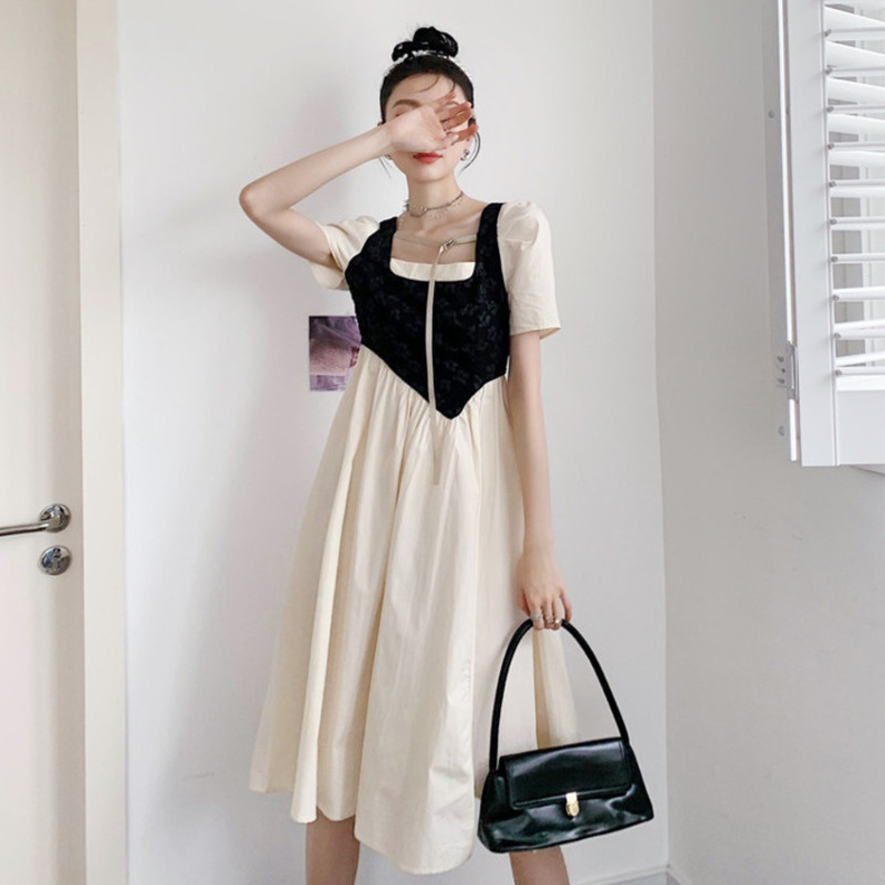 Women Dress Square Collar Short Sleeve Asymmetrical Temperament Loose Fit Fashion Summer 2H283 210526