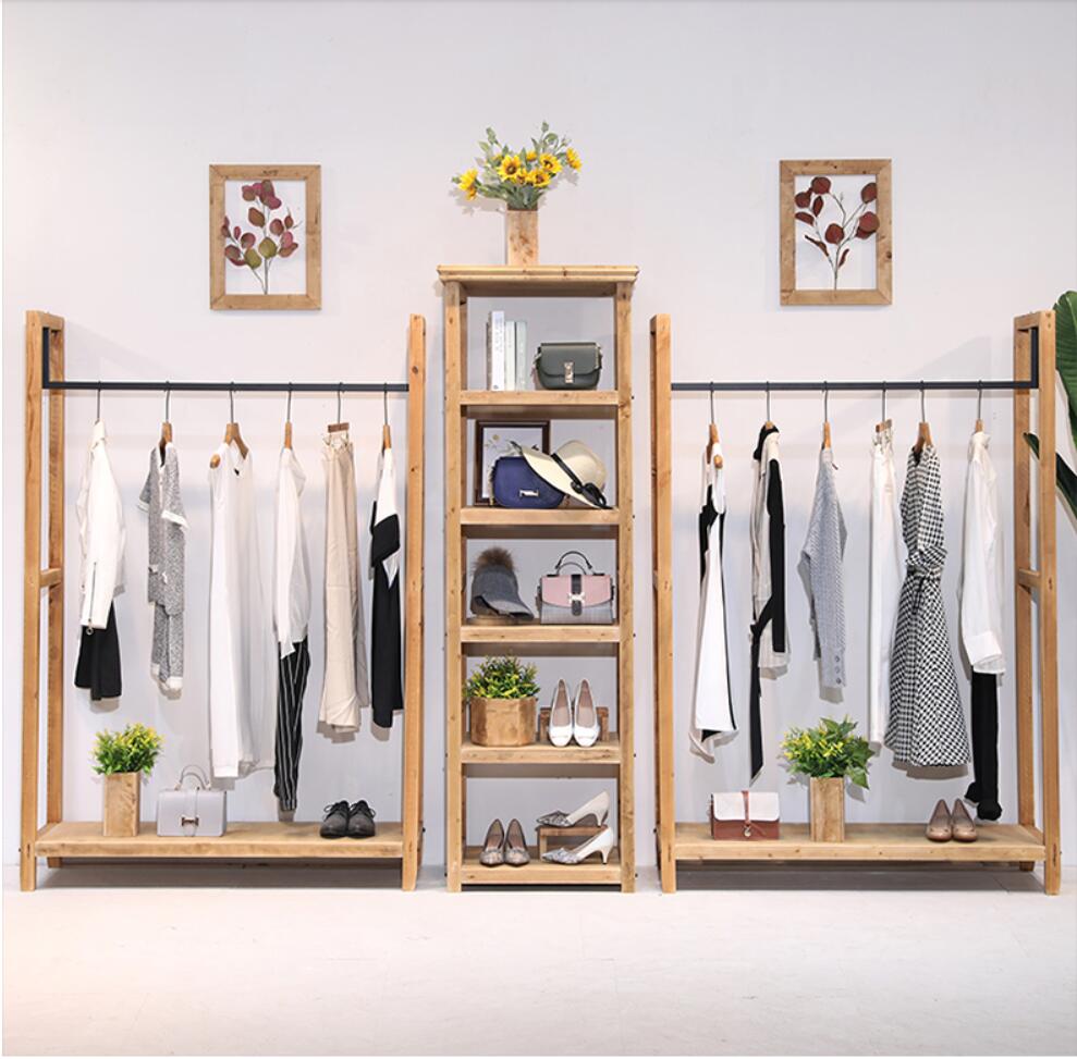 Clothing store wood display rack Commercial Furniture floor type show racks hanging cloth pole women's decoration design shelf shoe stand