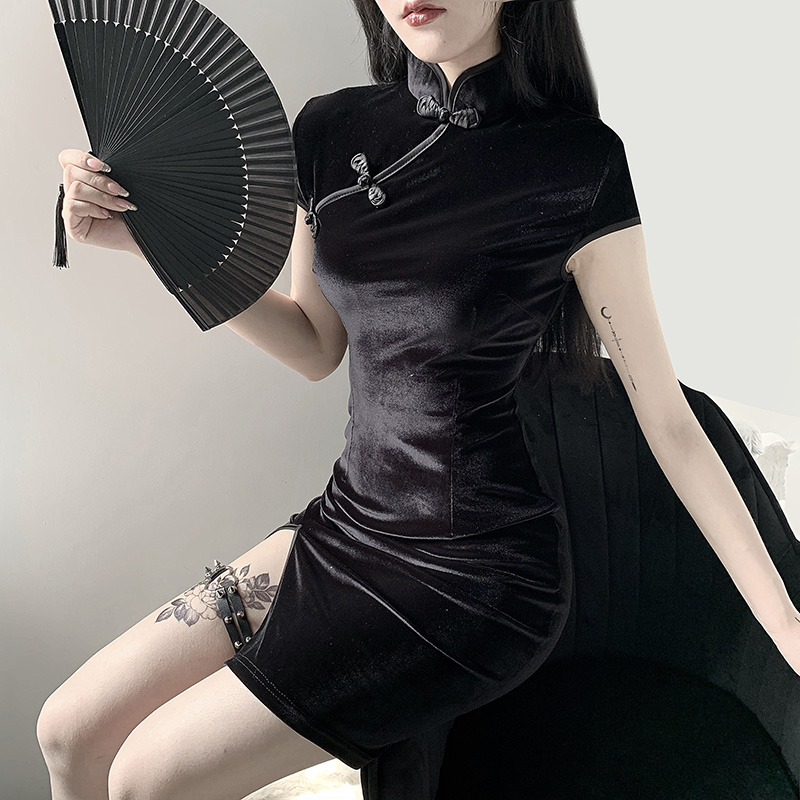 Retro Mini Dress Women Bodycon Cheongsam Mini Dress Gothic Party Elegant Solid Black Red Pink Female Dress, Black;gray
Retro Mini Dress Women Bodycon Cheongsam Mini Dress Gothic Party Elegant Solid Black Red Pink Female Dress, Black;gray