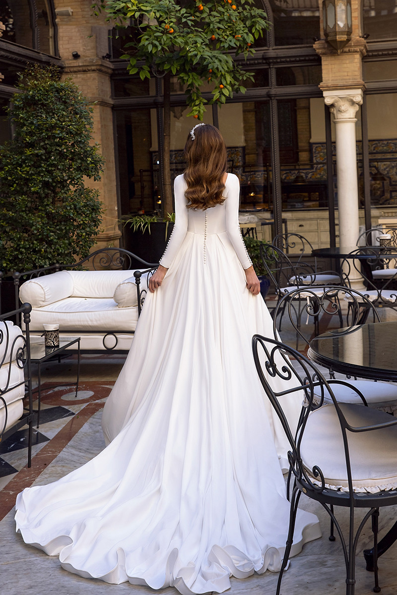 2021 Elegant Satin Princess Wedding Dress Long Sleeve Bridal Gowns Low Back Caftan Bride Dresses Vestido De Noiva Muslim