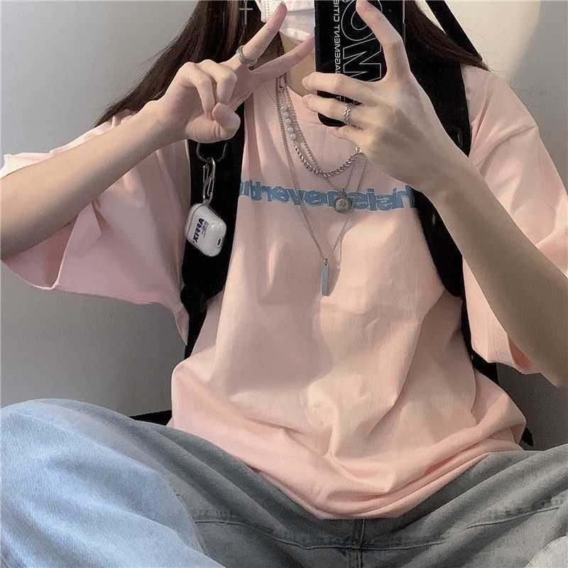 Light pink all-match T-shirt summer Harajuku BF Hong Kong style short-sleeved women's trend letter printing oversize tops 210526