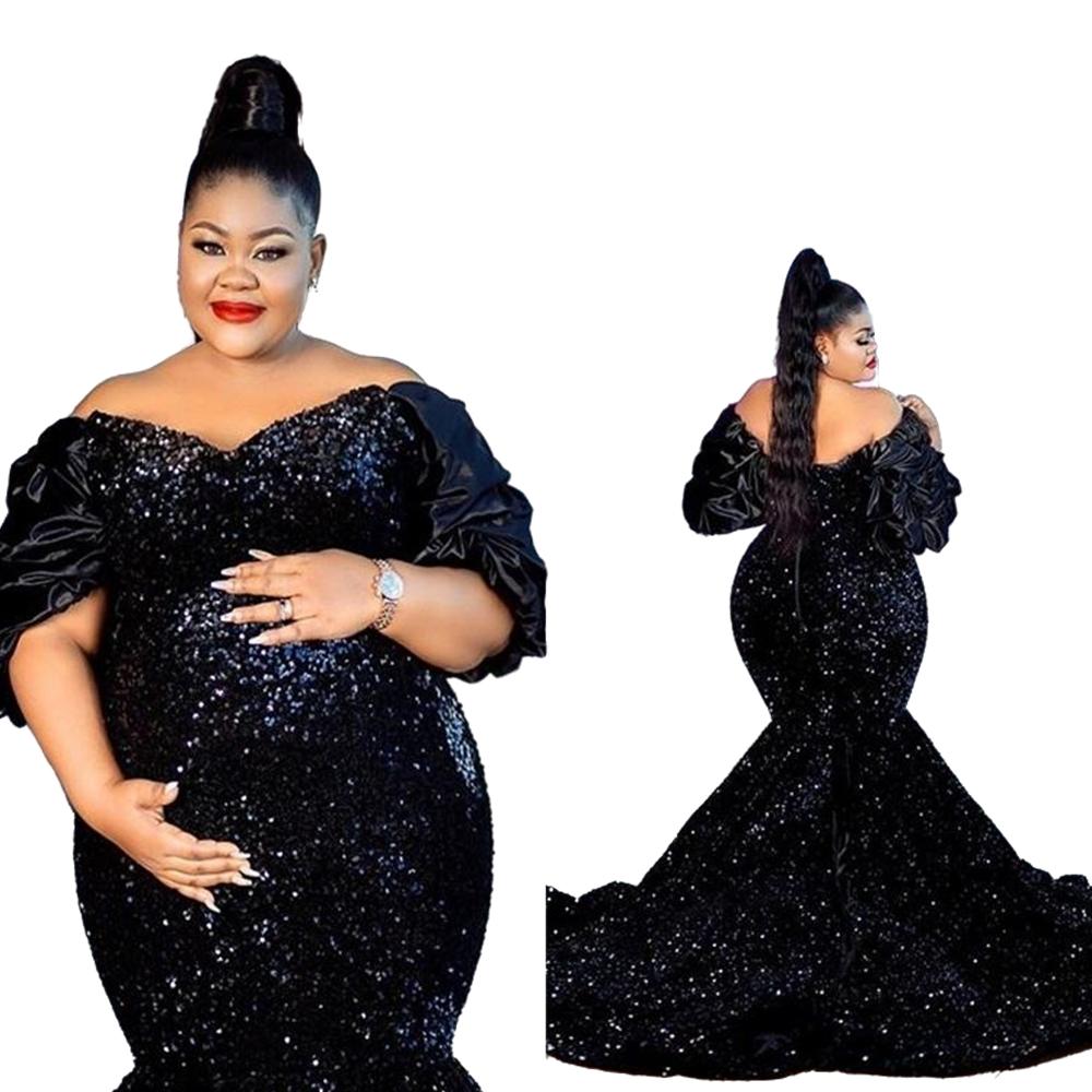 Sparkly Black Sequined Mermaid Formal Evening Dresses For Pregnant Women Plus Size V Neck Prom Gowns Short Sleeve Special Occasion Dress 2022