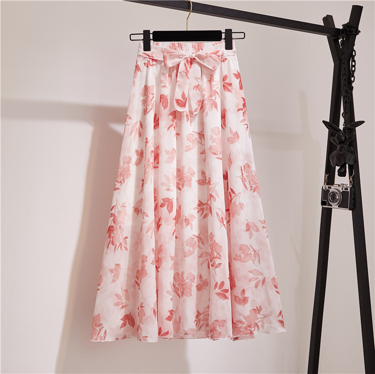 Summer Bohemian Chiffon Skirt Lady Korean Style Printing Sun School High waisted Elegant beach skirt Midi Skirt Female 210415