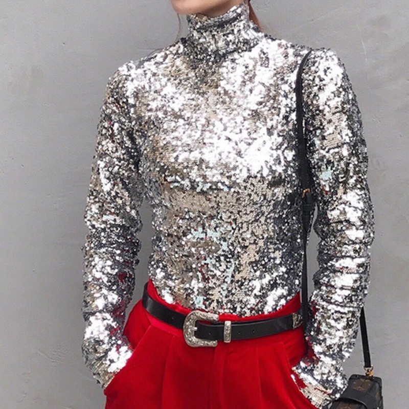 DEAT New Spring Fashion Women Turtleneck Full Sleeves Sequins Slim Tshirt Femael Sliver Brling Top WC83910S T200110