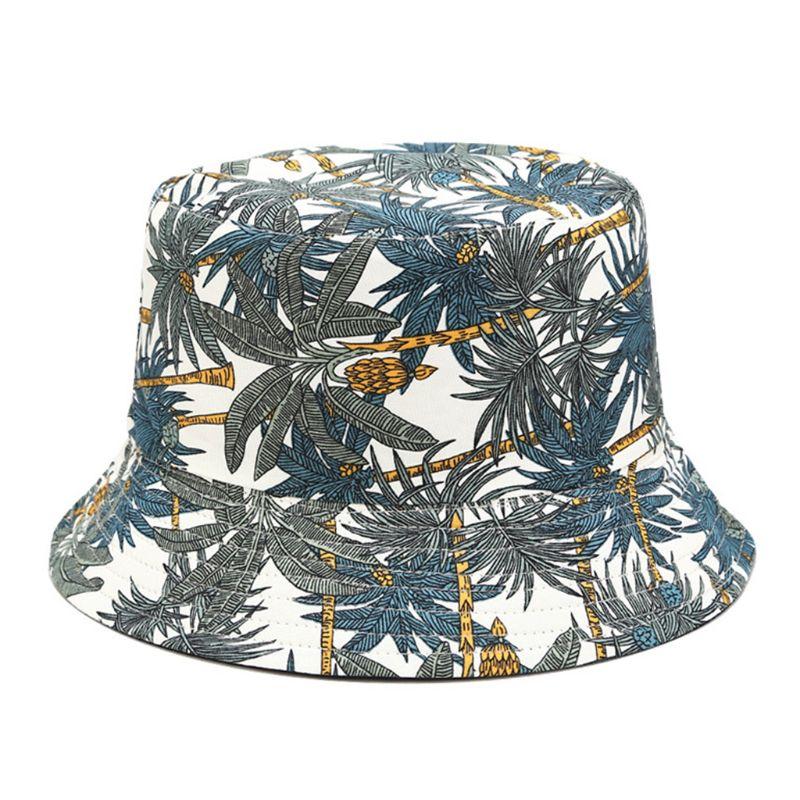 Cloches Men Women Summer Reversible Bucket Hat Tropical Palm Tree Leaves Print Hip Hop Wide Brim Sunscreen Round Flat Top Fisherman Cap