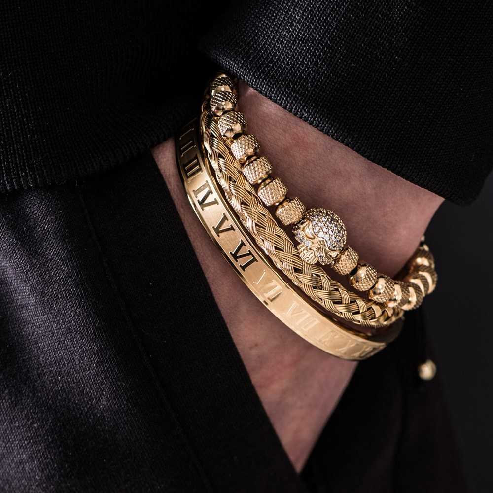 3pcs/Set Handmade Men Bracelet Micro Pave CZ Skeleton Skull Roman Numeral Hemp Rope Buckle Open Stainless Steel Bangles 210910