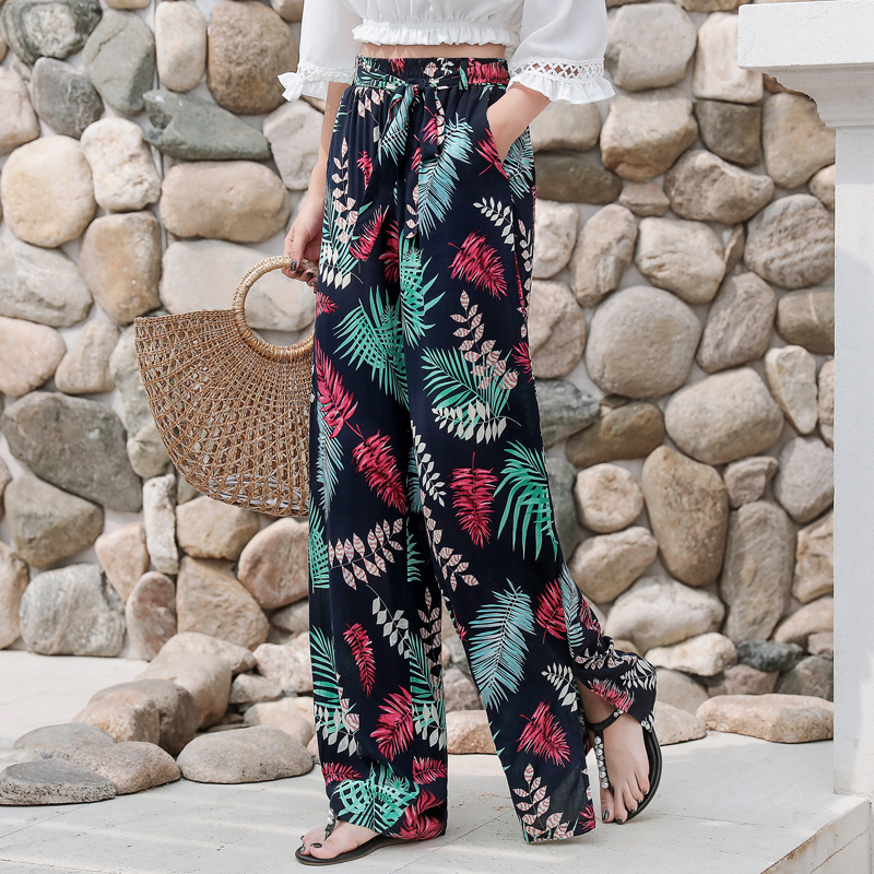 Woherb Bohemia Wide Leg Cotton Silk Pants Women Plus Size Floral Print Boho Pant Bow Bandage Trousers Seaside Holiday Beach Wear 201012