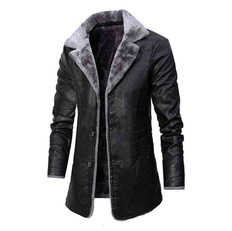 Winter Mens Leather Jacket Bussiness Thick Warm Long Style Male Fur Lined Turn Down Collar Casual PU Coats Outwear Plus Size 4XL 211119