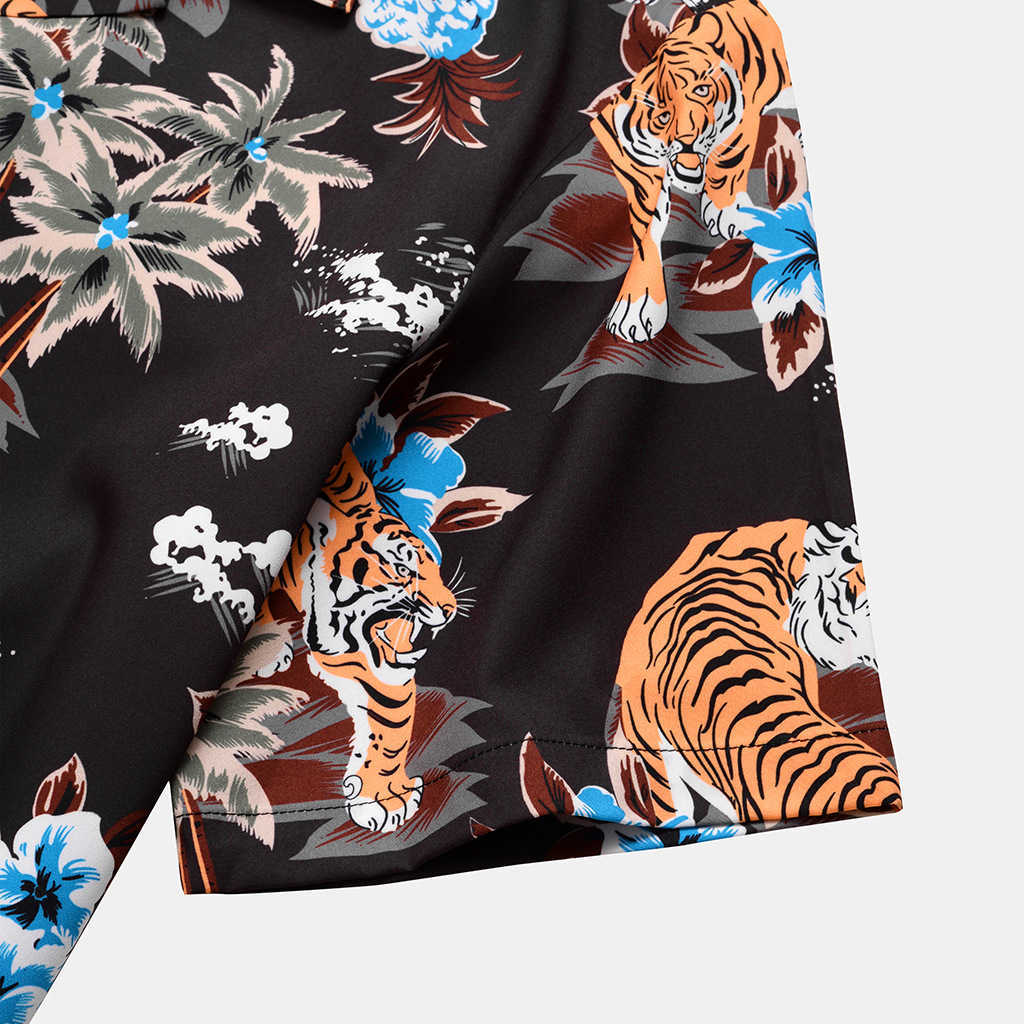Mens Hawaiian Flower Tiger Printed Shirt Fashion Top Men Casual Breathable Short Sleeve Shirts 210527