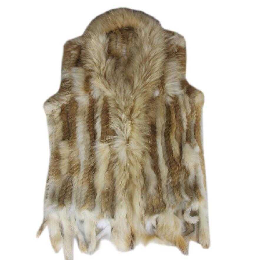 Real ladies Genuine Knitted Rabbit Fur Vest With Raccoon Trimming Waistcoat Winter Jacket harppihop fur 210915
