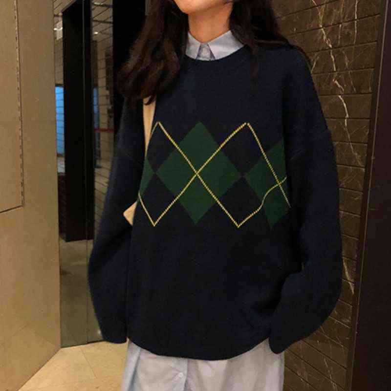 Women Knit Sweater Fashion Oversized Pullovers Ladies Winter Loose Sweater Korean College Style Women Jumper Plaid Sweater 16691 211123wtt