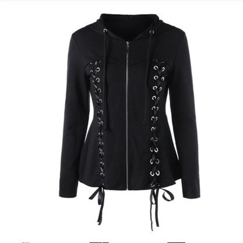 Rosetic Gothic Women Black Hooded Lace Up Sweatshirt Crop Top Hoodie Jacket Women Hoodies Autumn Goth Clothes Wear jacket 201203