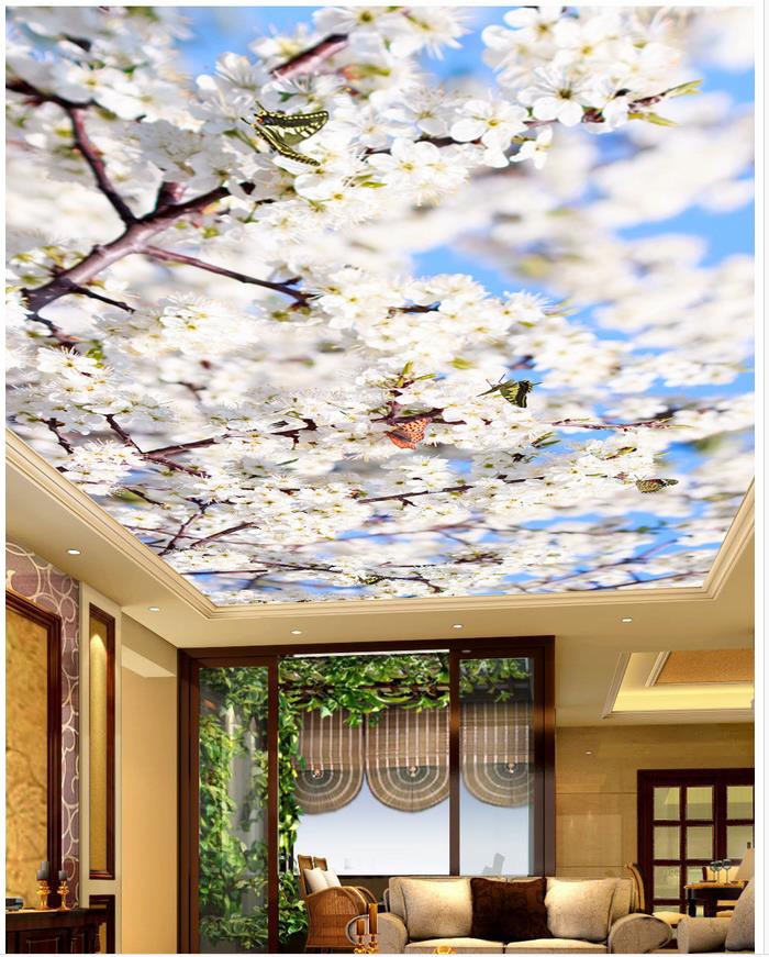 Custom ceilings Peach Blossom Blue Sky Ceiling 3d murals wallpaper for living room