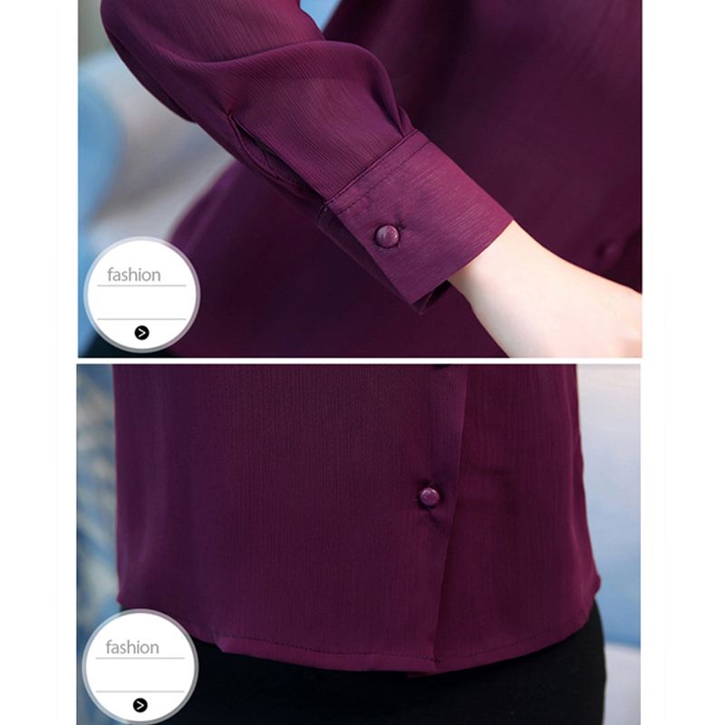 Bow Neck Women's Clothing Spring New Long-sleeved chiffon Women blouse shirt solid purple formal women tops blusas 210H 210225