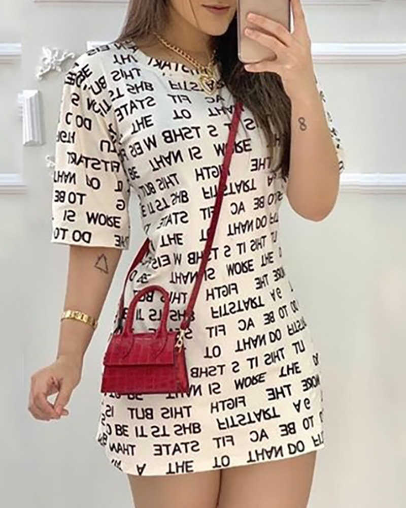 Summer Women Fashion Letter Printed Casual Short Dress Short Sleeve Bodycon Mini Dress 210716