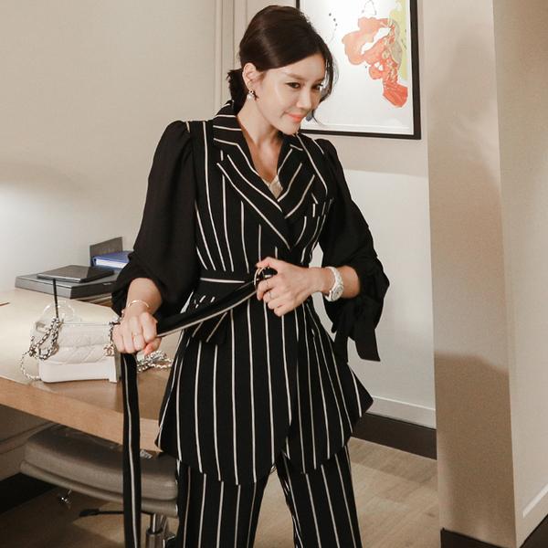Women's Two Piece Pants 2021 Spring Elegant Office Work Wear Pant Suits 2 Sets For Women Stripe Blazer Jacket + Trousers Outfits Femme