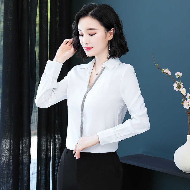Korean Chiffon Women Shirts Long Sleeve Blouses Elegant OL V-neck Plus Size Blusas Mujer De Moda 210531