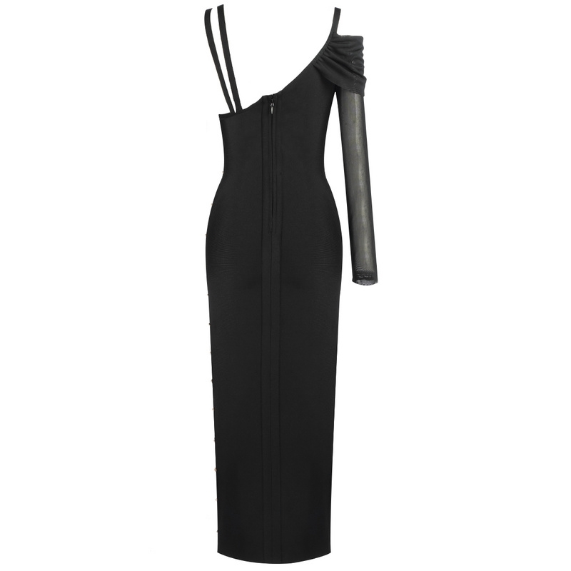 High Quality Black Long Sleeve One Shoulder Open Fork Rayon Bandage Dress Cocktail Party Bodycon Dress 210303