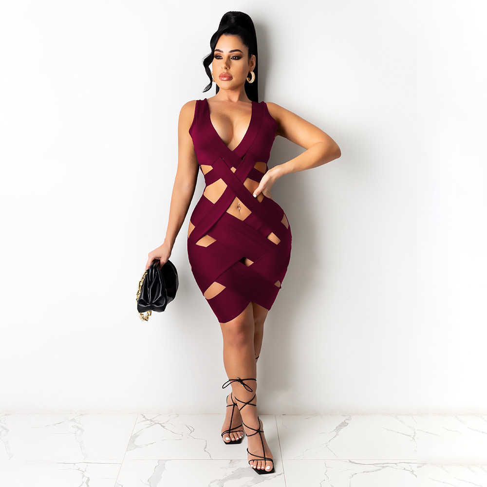 Women Sleeveless Plunge V-neck Bandage Dress Sexy & Club Bodycon Dresses 210702