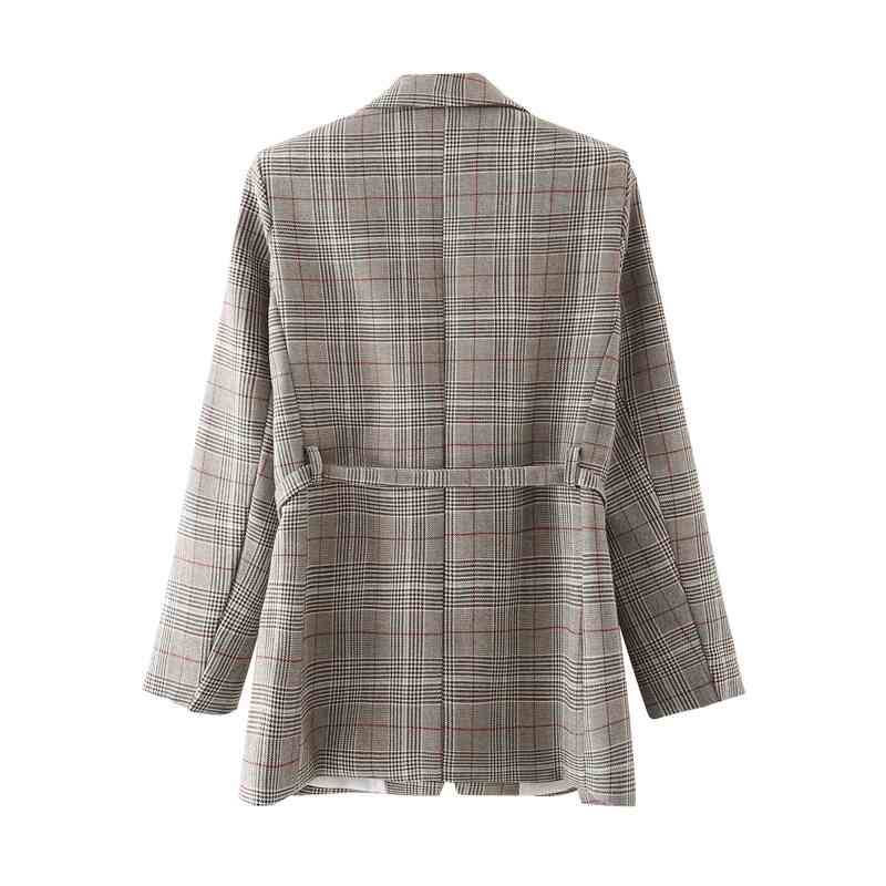 Streetwear Women Plaid Blazers Fashion Ladies Sashes Silm Long Jackets Vintage Female Chic Notched Collar Coats 210527