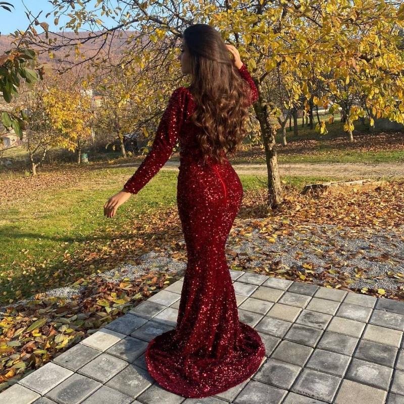 Glitter Burgundy Sequined Mermaid Evening Dresses Long Sleeve Sweetheart Spring Autumn 2021 Prom Party Gowns Women Celebrity Formal Occasion