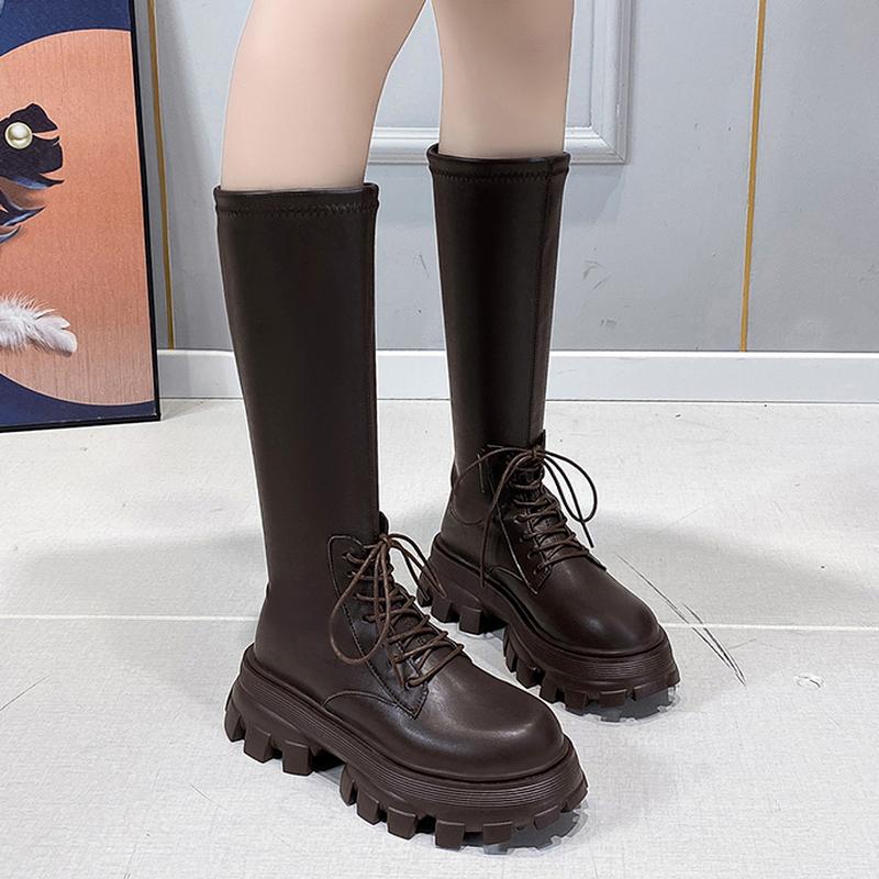 Boots 2021 Women Fashion Thick Med Heel Platform Over The Knee Boot Round Toe Lace Up Zipper Ladies Autumn Winter Black
