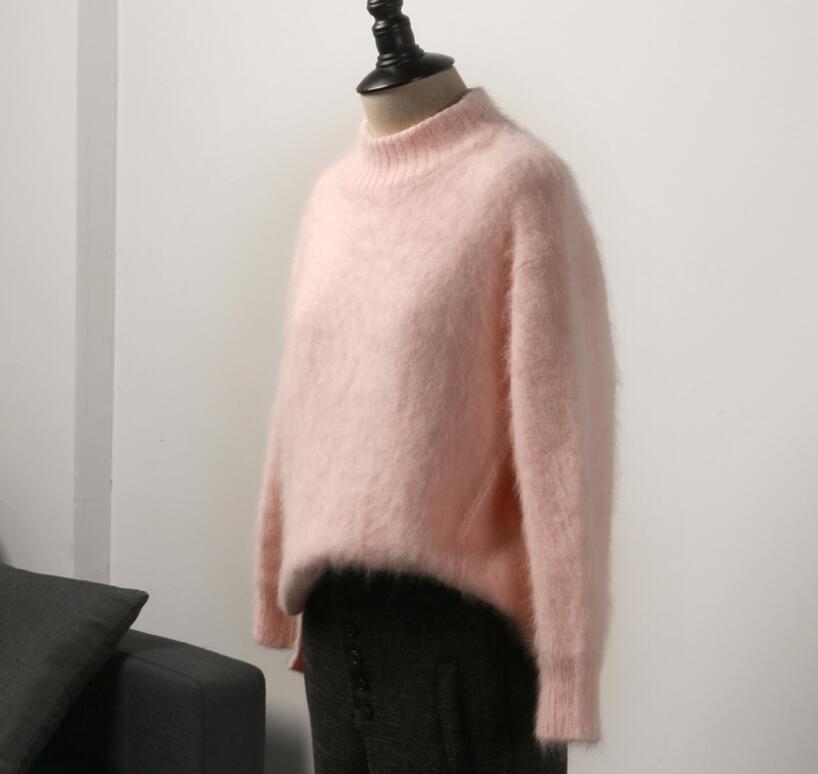 Autumn Winter women mohair knitting sweaters O-neck hairy korean sweet pink white sweater pullovers 210218
