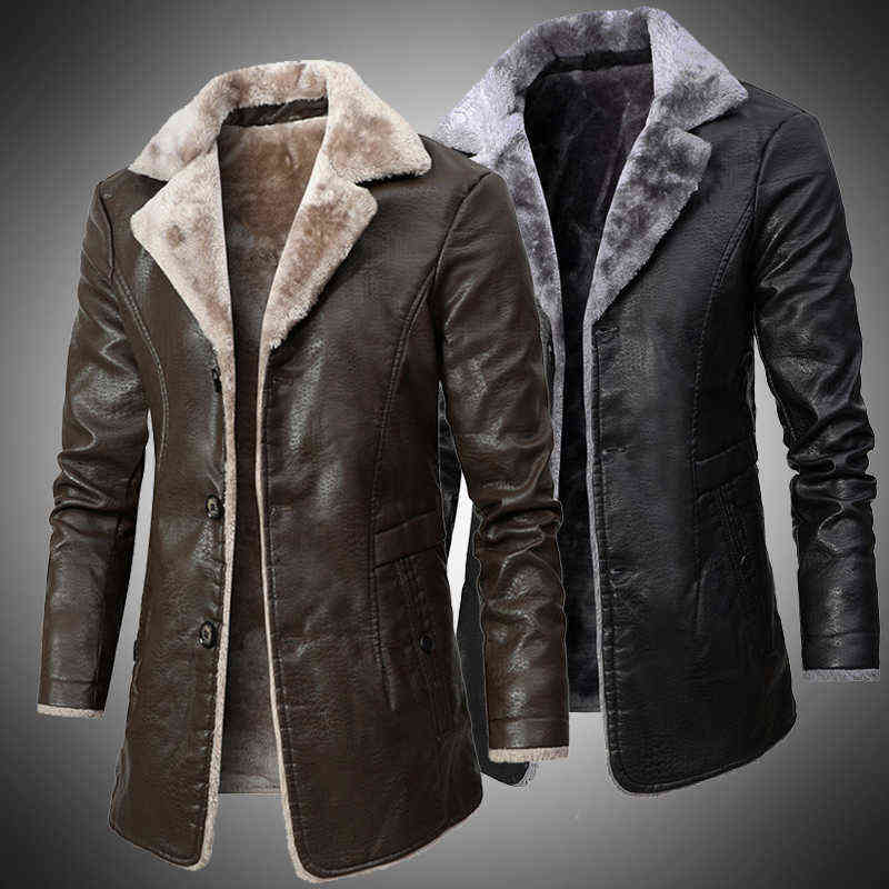 Winter Mens Leather Jacket Bussiness Thick Warm Long Style Male Fur Lined Turn Down Collar Casual PU Coats Outwear Plus Size 4XL 211119