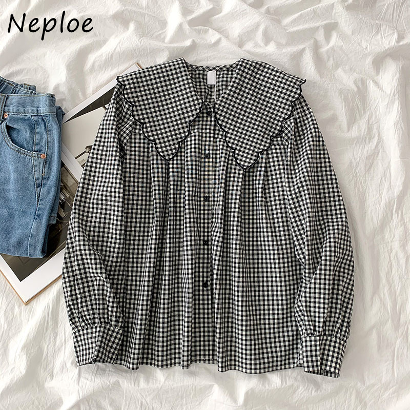 Neploe Doll Collar Hit Color Patchwork Loose Blouse Women Long Sleeve Single Breast Sweet Blusas Spring New Shirt Feminino 210225