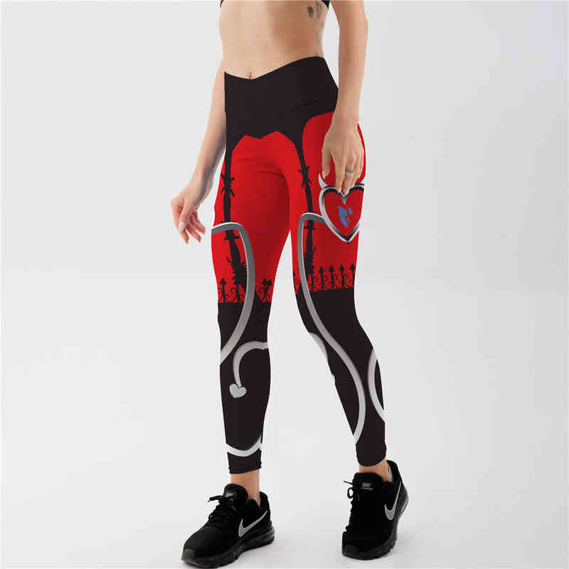 Sexy Heart Print Leggings Women Red Black Patchwork Sporting Pants Fashion Printed Women's Fitness 211204