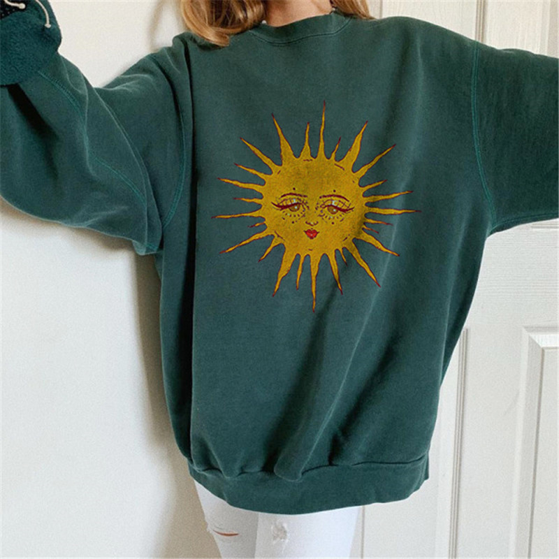 Woman Hoodies Sweatershirts fit Young Girls with Sun Pattern Autumn Winter Long Sleeve Casual Oversized Pullovers Tops Womans 201212
