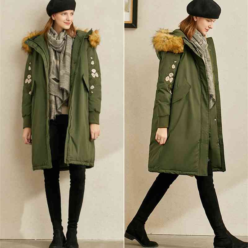 Women 90% White Down Jacket Winter Wool Collar Hooded Embroidery Loose Female Long Coat 1189 210527