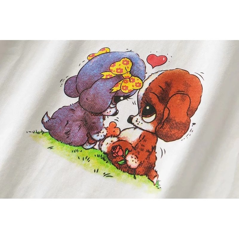 Women Cartoon Puppy Print Crop Tee Short Sleeved Fit Crop T-shirt 210306