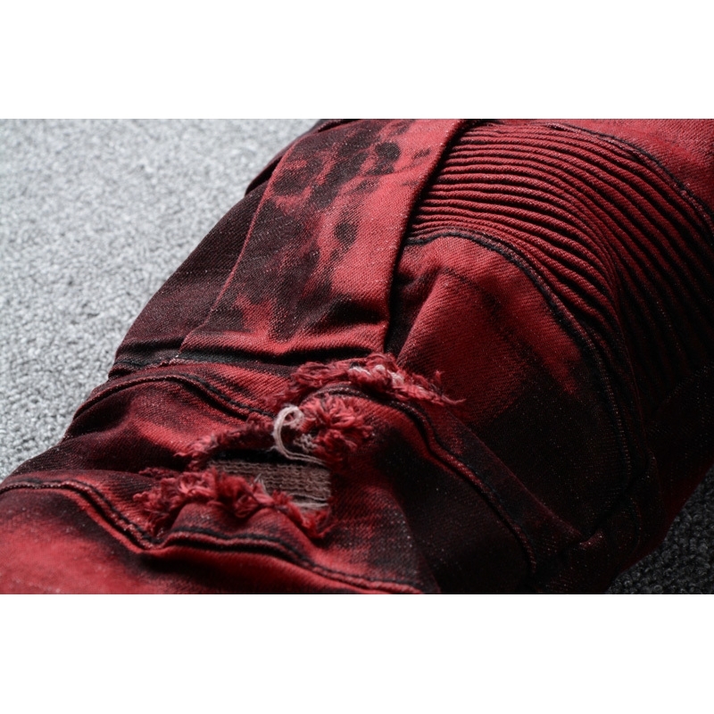 Fashion Streetwear Men Jeans Red Color Slim Fit Elastic Spliced Ripped Jeans Men Big Pocket Denim Cargo Pants Biker Jeans homme T200614