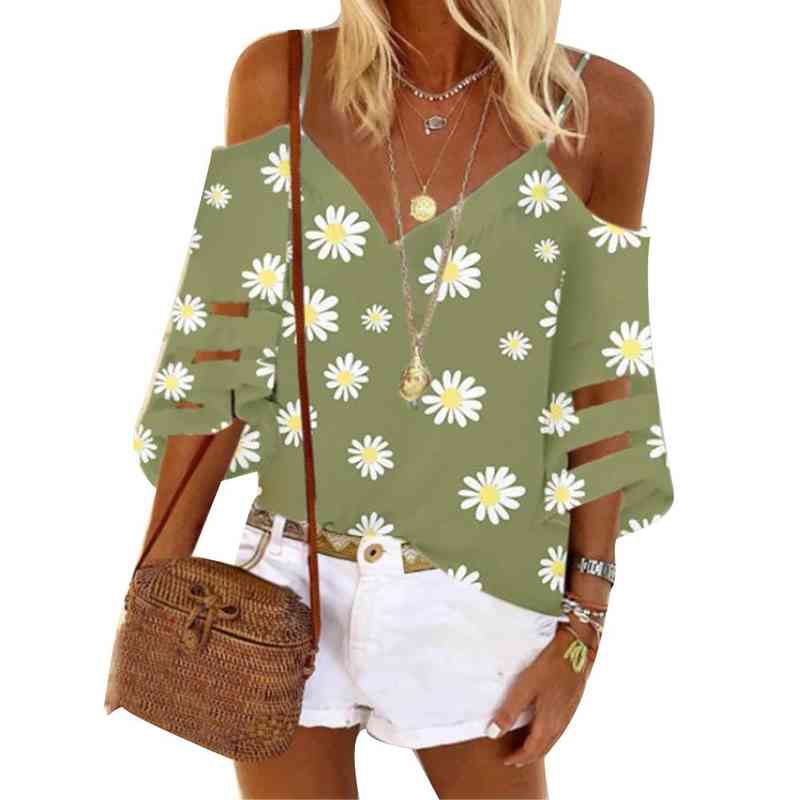 Women Blouse V Neck Hollow Out 3 4 Sleeve Sunflower Print Shirt Cold Shoulder Ladies Shirt Top Clothing, White
Women Blouse V Neck Hollow Out 3 4 Sleeve Sunflower Print Shirt Cold Shoulder Ladies Shirt Top Clothing, White