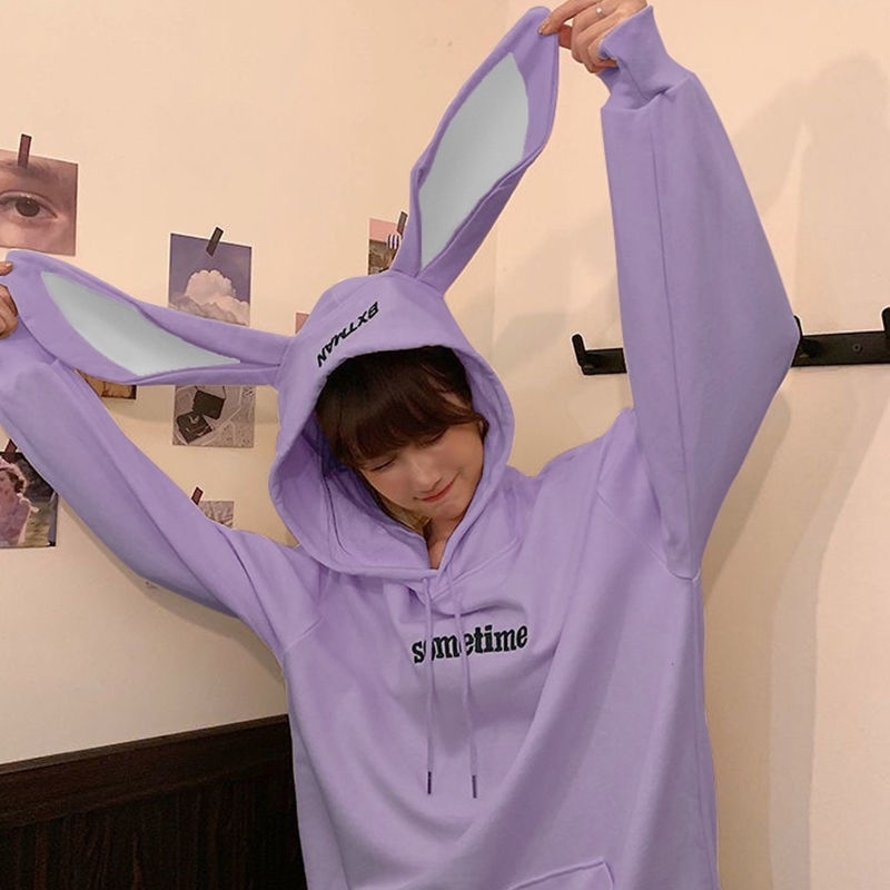 Women's Hoodie Sweet Women To Sweatshirts Full Sleeves White Fashion Bunny Ear Hoody Coat Fashion Black Loose Streetwear 201028