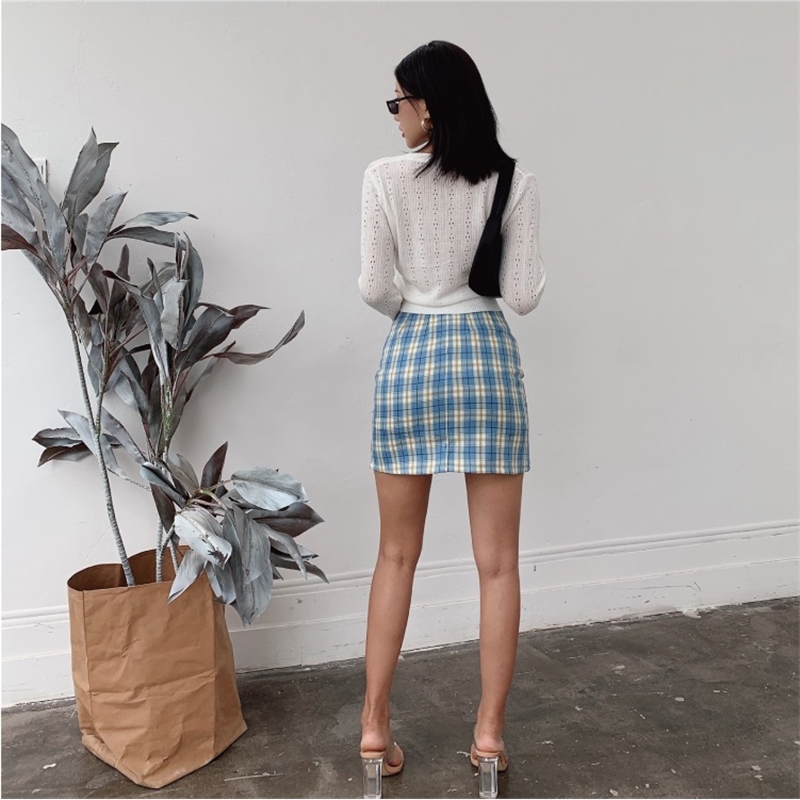 Women Split Details Plaid Mini Skirt with Under Shorts Mini Skort In Check 210306