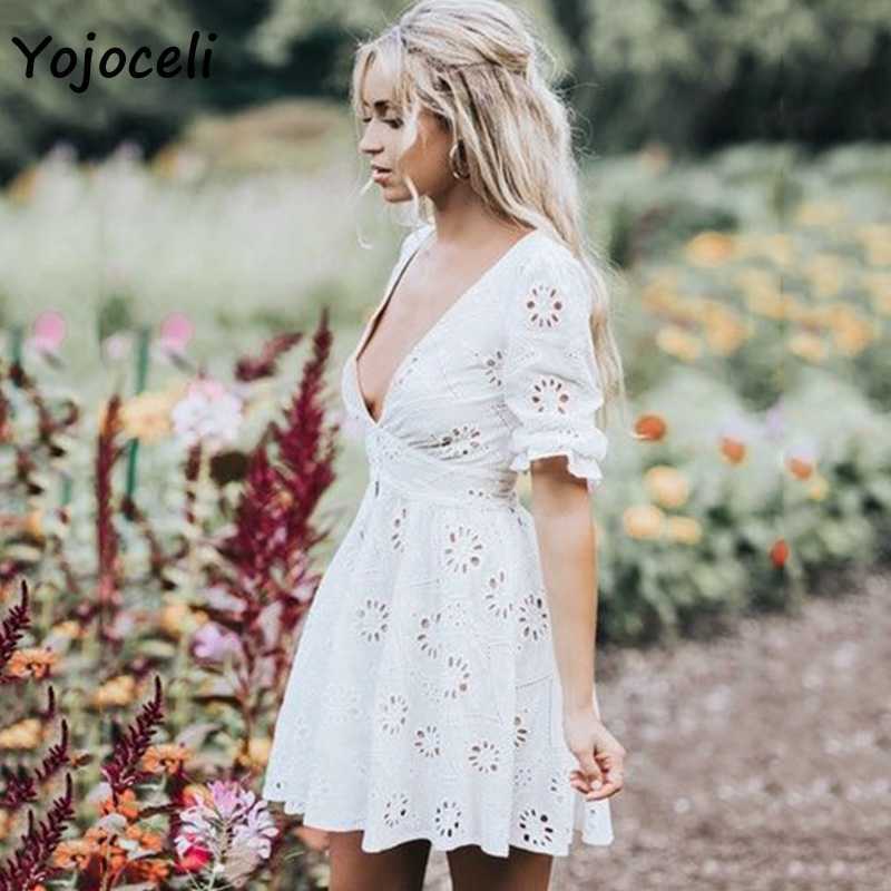 Yojoceli spring summer cotton embroidery dres v neck hollow out skater 210609