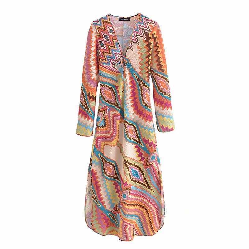 Summer Vintage Printed Dress Women V-neck with Drawstring Long Sleeves Chic Lady Elegant Maxi Dresses Woman 210709