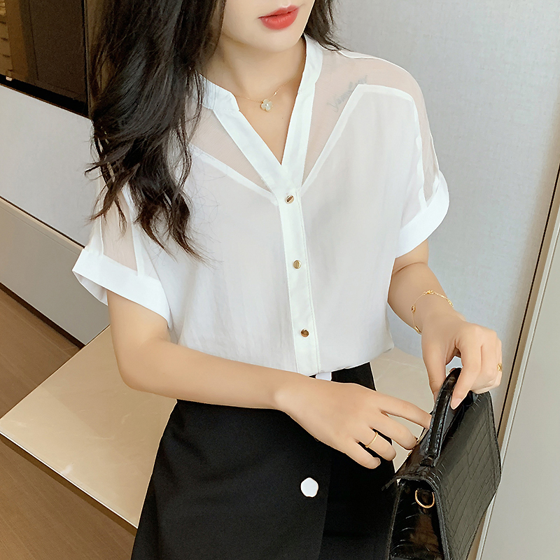 2021 Summer New Style Short-Sleeved Top Women Fashion Solid Color Mesh V-neck Women Shirts Pullover Chiffon Women Blouse 9632 210225