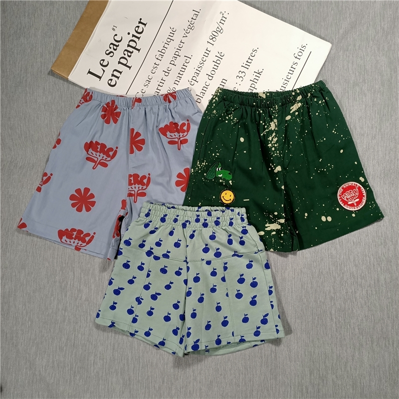 Summer new boys and girls children's and children's shorts, splash ink puppy cherry print cotton shorts pocket elastic shor 210308